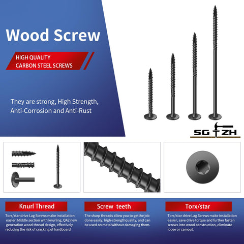 Heavy Duty 2 Inch Outdoor Structural Wood Deck Screws Size 14, 94 Pieces, Carbon Steel, Black, Flat Head, Rust Resistant Epoxy Coated With T30 Star Bit