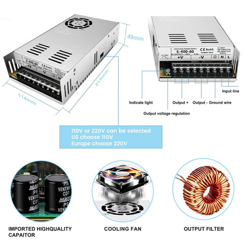 60V power supply from 3 Axis Nema 34 Stepper Motor Kit CNC Controller With Beefy 8.5Nm Torque Motors, input and output details shown