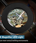 Helping Hands Soldering Station Workbench Ready Pro Grade With 3X Magnifying Glass showing LED light on circuit board