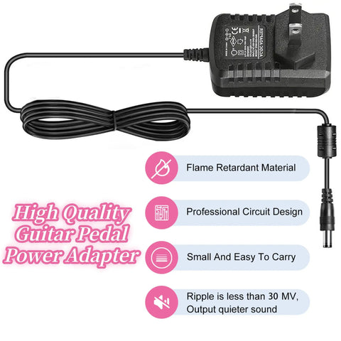 Guitar Pedal Power Supply 9V 1A DC Center Negative For Multi Pedal Boards, 100-240V AC Input, 5.5x2.1mm Plug, cable wrapped