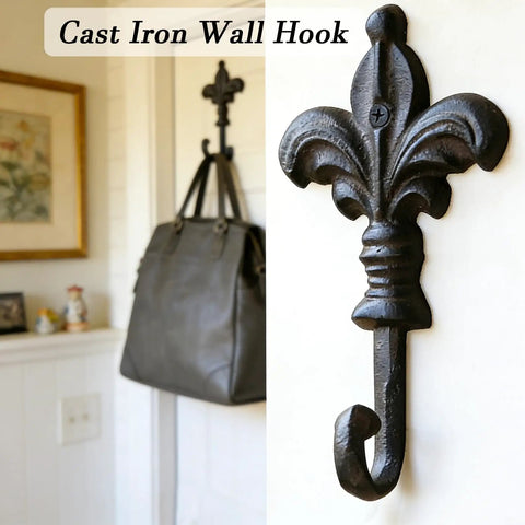 Top Shelf Single Piece Heavy Duty Cast Iron Wall Hook With Screws Vintage Coat Hanger Organizer For Scarves Bags Towels Keys Cap Rustproof Badass Home Decor Accessory mounted on wall holding a bag.