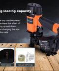 Pro Grade 15 Degree Roofing Nailer Fires Wire Collated Nails 3/4 To 1 3/4 Inches showing big loading capacity and adjustable tray.