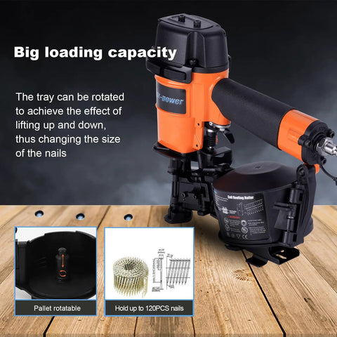 Pro Grade 15 Degree Roofing Nailer Fires Wire Collated Nails 3/4 To 1 3/4 Inches showing big loading capacity and adjustable tray.