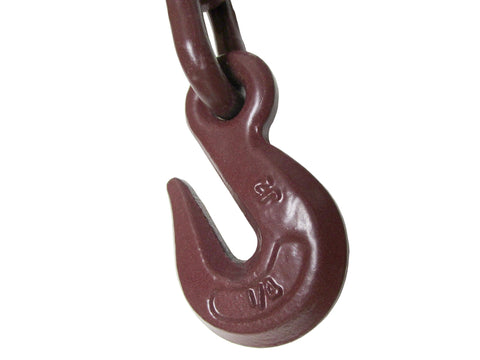 Close-up of a maroon 1/4 inch hook from Heavy Duty Lever Load Binder One Quarter Inch Chain For Cargo Control And Tie Down