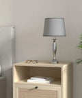 Grey White USB Table Lamps Two Pack For Bedrooms And Nightstands With Rotary Switch Lit USB Charging Ports Brushed Nickel Base Modern Living Room Lighting With White Shades displayed on a bedside table