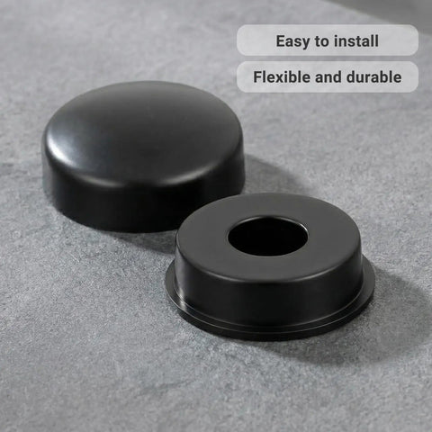 Black License Plate Screw Cap Kit With Eight Caps For Frame Bolts, Universal Fit, durable plastic, caps on gray surface