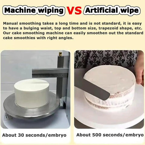 Top Shelf Buttercream Smoothing Machine With 35CM Adjustable Turntable And Thin Metal Blade To Pull Off Straight Fire Cake Decoration For Any Sized Sweet Treat Celebration, comparing machine and manual cake smoothing.