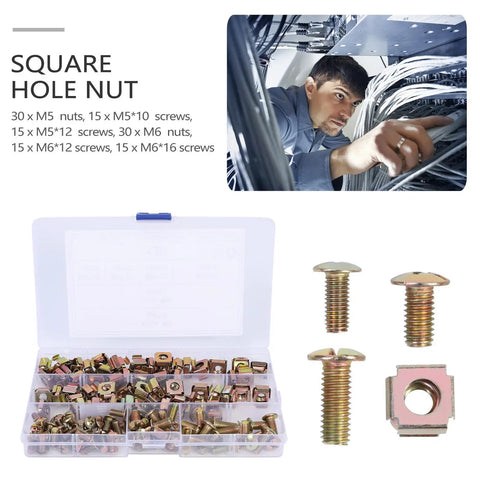 120 Piece Cage Nuts And M5 Lock Nuts Kit Carbon Steel Square Hole Nuts with screws shown in a storage box