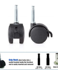 2 Pack Locking Swivel Caster Replacement Wheels For Weber Gas Grill Stem Casters 2.5 Inch Twin Wheel Rubber Caster Wheels With Friction Mount 5/16 X 1-1/2 Inch Pin Stem 55-Lb Load Capacity Per Caster Easy Install, showing front and side view of wheels with grip neck stem.