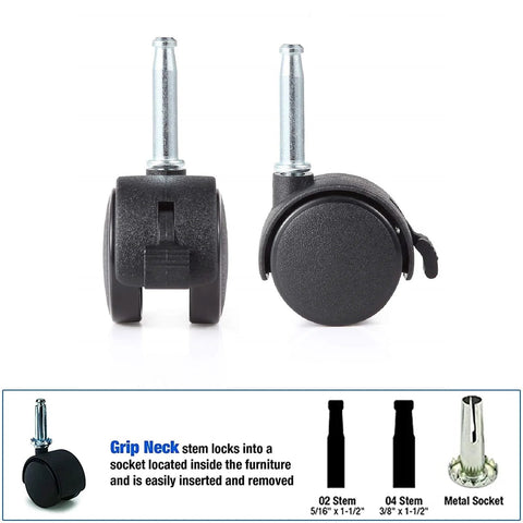 2 Pack Locking Swivel Caster Replacement Wheels For Weber Gas Grill Stem Casters 2.5 Inch Twin Wheel Rubber Caster Wheels With Friction Mount 5/16 X 1-1/2 Inch Pin Stem 55-Lb Load Capacity Per Caster Easy Install, showing front and side view of wheels with grip neck stem.