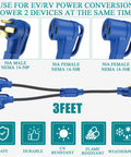 Road Ready Nema 14 To 50Y Splitter Cable 50 Amp 3 Foot Extension Cord showing blue connectors for RV EV charging.