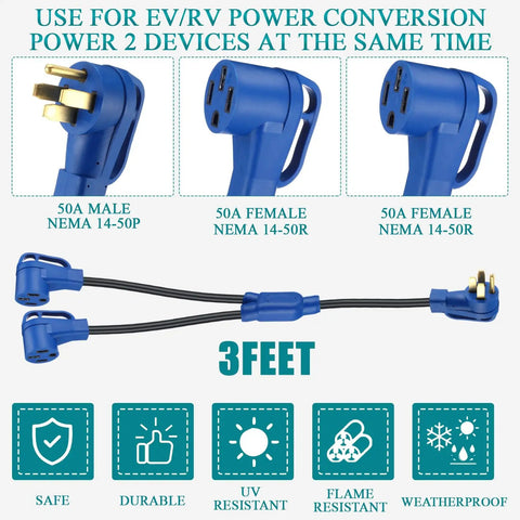 Road Ready Nema 14 To 50Y Splitter Cable 50 Amp 3 Foot Extension Cord showing blue connectors for RV EV charging.