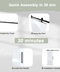 Quick assembly instructions showing steps for Silky Smooth Two Panel Sliding Barn Door With Reeded Arched White Primed Finish.