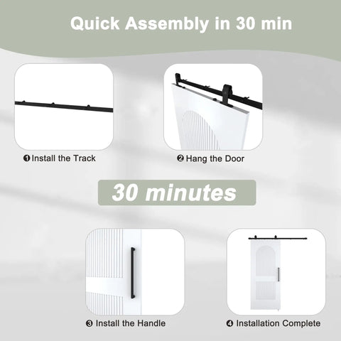Quick assembly instructions showing steps for Silky Smooth Two Panel Sliding Barn Door With Reeded Arched White Primed Finish.