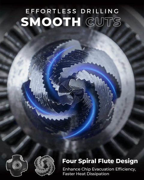 Close-up of Four Spiral Flute Cobalt Step Drill Bit Set Pro Max, showcasing unique spiral design for metal and plastic drilling.