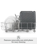 Breville Stainless Steel Electric Grill Panini Maker With One Touch Presets in dish rack with removable non-stick plates.