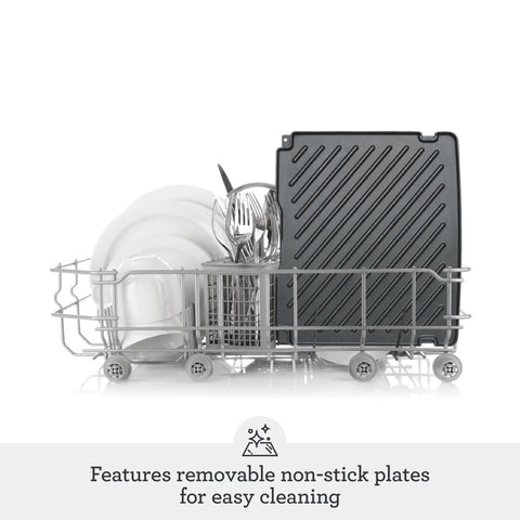 Breville Stainless Steel Electric Grill Panini Maker With One Touch Presets in dish rack with removable non-stick plates.