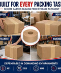 Premium Heavy Duty Water Activated Packing Tape With Badass Hold Fiberglass Kraft Backing For Foolproof Carton Sealing And Hella Secure Shipping Or Moving Projects used on sealed cardboard boxes in a warehouse.