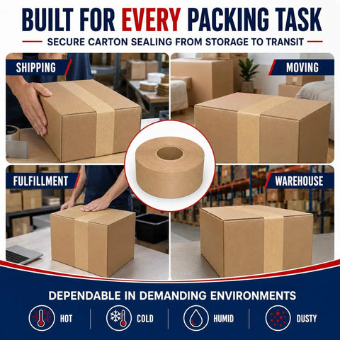 Premium Heavy Duty Water Activated Packing Tape With Badass Hold Fiberglass Kraft Backing For Foolproof Carton Sealing And Hella Secure Shipping Or Moving Projects used on sealed cardboard boxes in a warehouse.