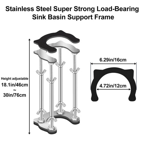 Stainless steel undermount kitchen sink bracket with space-saving upright support, adjustable height 18.1-30 in, non-slip pads.