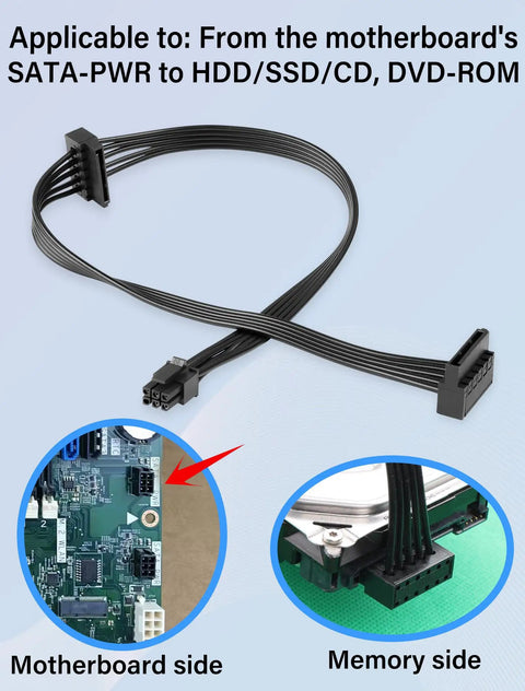Mini ATX 6 Pin To Dual SATA Power Adapter Cable For PC Builds Lets You Power Two SATA HDDs Or SSDs From A Single Connector Seventeen Point Nine Inch Length Forty Five Point Five Centimeters Great For Upgrading Rigs. 20AWG black cable with right-angle SATA connectors