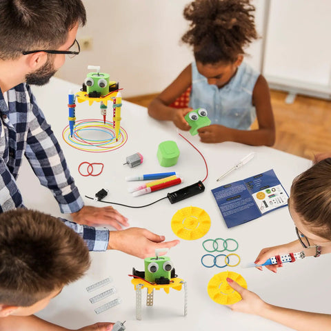 Four Pack Doodling Robot Kit For Kids Ages Eight To Twelve, Bulk STEM Toys For Hands On Learning, Build Four Doodle Robots, Fun Do It Yourself Science Tech Engineering Math Projects on table