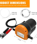 Grease Monkey Approved 12 Volt Electric Oil Extractor Pump With 60 Watt Motor And Reinforced Hose Clamps Lightning Fast Scavenge Fluid Transfer Rig For Car Motorcycle Truck Wrenching Runs showing dimensions and hoses.