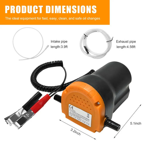 Grease Monkey Approved 12 Volt Electric Oil Extractor Pump With 60 Watt Motor And Reinforced Hose Clamps Lightning Fast Scavenge Fluid Transfer Rig For Car Motorcycle Truck Wrenching Runs showing dimensions and hoses.