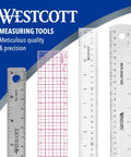 Wescott measuring tools ad showing rulers, including 18 Inch Transparent Beveled Ruler With Center Zero, 8ths Of An Inch On One Side And Centimeters On The Other, Go To Drafting Ruler For Architects, Artists, And DIYers, Clear Edge, Durable Plastic.