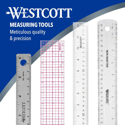Wescott measuring tools ad showing rulers, including 18 Inch Transparent Beveled Ruler With Center Zero, 8ths Of An Inch On One Side And Centimeters On The Other, Go To Drafting Ruler For Architects, Artists, And DIYers, Clear Edge, Durable Plastic.