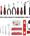 Assorted tools from 147 Piece Home Tool Set With Storage Box Essential DIY Tools Kit Including Screwdrivers Adjustable Wrench Pliers Knife Bit Driver And Precision Bits For Home Car Dorm And Garage displayed in front and side views.