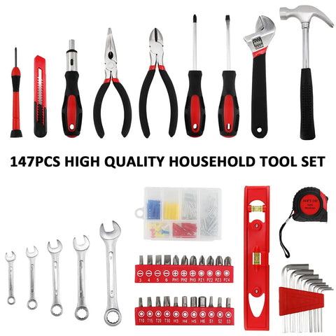 Assorted tools from 147 Piece Home Tool Set With Storage Box Essential DIY Tools Kit Including Screwdrivers Adjustable Wrench Pliers Knife Bit Driver And Precision Bits For Home Car Dorm And Garage displayed in front and side views.