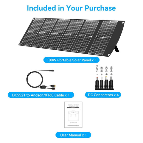 Ultra Lightweight 6 Lb 100W Portable Solar Panel Foldable With Handy Handle For Grab And Go Camping Power, accessories included.