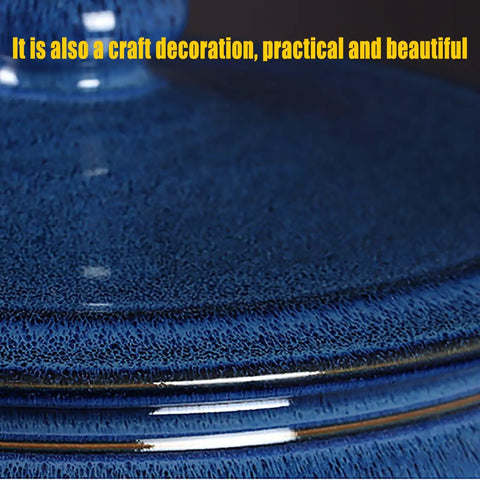 Close-up of a Chinese Retro Ceramic Storage Jar For Rice And Grain With Airtight Lid, showing intricate blue glaze finish.