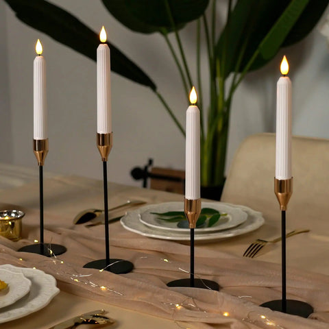 Flameless Flickering LED Taper Candles 7 Inch Ivory Plastic Roman Column set on dining table, warm glow, safe home decor.