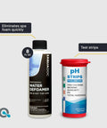 Must Have All In One Hot Tub Chemicals Starter Kit For Easy Spa Maintenance With Chlorine Sanitizer pH Balance Water Test Kit And Inflatable Spa Ready Balancer For Clear Safe Water, featuring water defoamer and pH test strips.