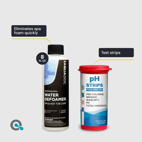 Must Have All In One Hot Tub Chemicals Starter Kit For Easy Spa Maintenance With Chlorine Sanitizer pH Balance Water Test Kit And Inflatable Spa Ready Balancer For Clear Safe Water, featuring water defoamer and pH test strips.
