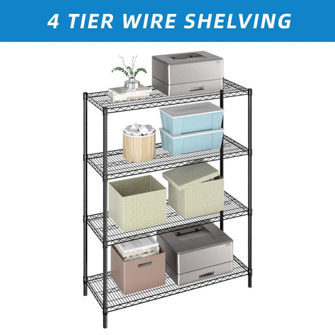 Heavy Duty Wire Shelving Unit With Four Adjustable Shelves Built Like A Tank For Garage Storage Black Coated Metal Rack Straight Setup And Seriously Solid Construction