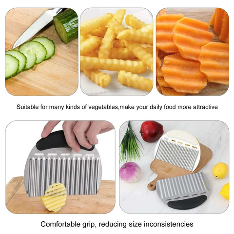 YBEATY 2-piece stainless steel crinkle cutter set with handles; collage shows fries, cucumber slices and carrot chips.
