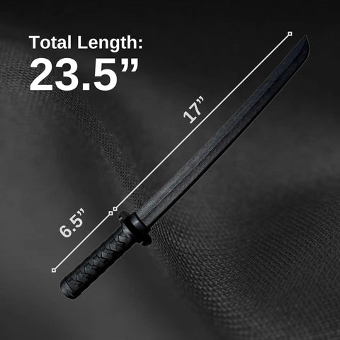 Mokume Style Polypropylene Practice Katana With Black Saya Scabbard 24.5 Inch Training Samurai Sword on textured black surface.