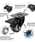 2 inch swivel caster wheels with dual locking brakes and rotatable top plate for light furniture and equipment mobility.