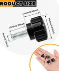 Knurled Threaded Thumbscrews M4 X 10mm For Monitor Mounts Carbon Steel Black 10 Pack shown with size dimensions and in hand.