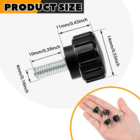 Knurled Threaded Thumbscrews M4 X 10mm For Monitor Mounts Carbon Steel Black 10 Pack shown with size dimensions and in hand.