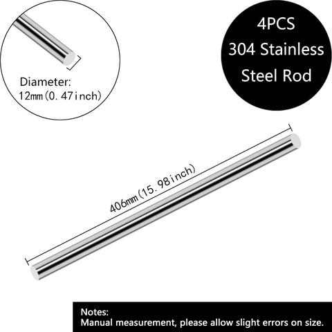 Four Pack 12mm Stainless Steel Rods 16 Inch Length 304 Stainless Steel Round Rods Half Inch Diameter Solid Metal Shaft Rods For Industry Metalworking And DIY Crafts Rust Resistant Durable Easy To Shape diagram