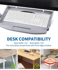 Heavy Duty Steel Under Desk Keyboard Tray Featuring Slick Ball Bearing Glides for Silky Smooth Extension showcasing desk compatibility graphic