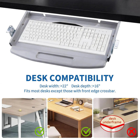 Heavy Duty Steel Under Desk Keyboard Tray Featuring Slick Ball Bearing Glides for Silky Smooth Extension showcasing desk compatibility graphic