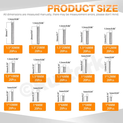 300 Pcs Pro Grade Stainless Steel Dowel Pin Kit M1 And M1.5 304 Grade For Shelves And Machinery, Includes 15 Sizes From M1x4mm To M1.5x30mm, Cylindrical Pegs And Fasteners For Mechanical Manufacturing. Size chart showing 1mm and 1.5mm stainless dowel pins