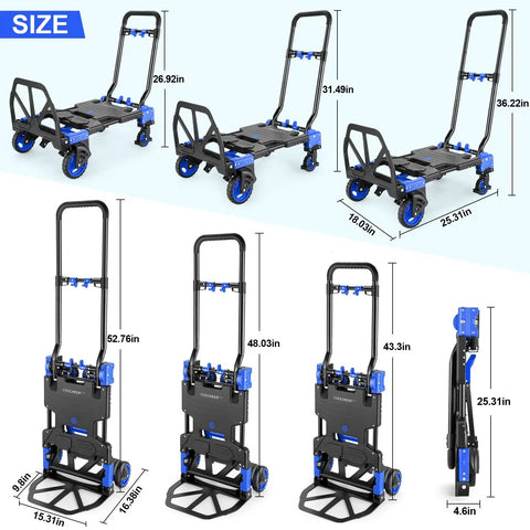 Heavy Duty Folding Hand Truck With Four Wheel And Two Wheel Convertible Dolly Cart Grab N Go Retractable Handle 330 Lb Capacity