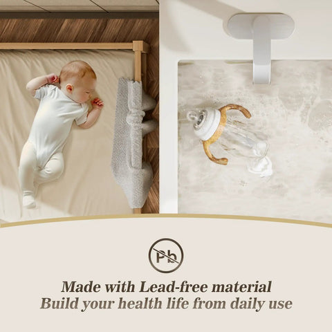 Brushed Nickel Single Handle Waterfall Bathroom Faucet With 6 Inch Deck Plate Metal Pop Up Drain And cUPC Water Supply Lines Sleek Dope Bath Upgrade For 3 Hole Or 4 Inch Setup alongside a baby illustration and lead-free material text.