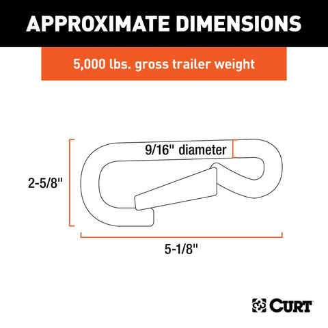 Heavy Duty Snap Hook For Trailer Safety Chains With Quick Release Spring Loaded Latch Diameter 9 16 Inch Carabiner Clip Built Tough 5000 Pound Rating For Secure Towing, diagram showing 9/16 inch diameter and dimensions.